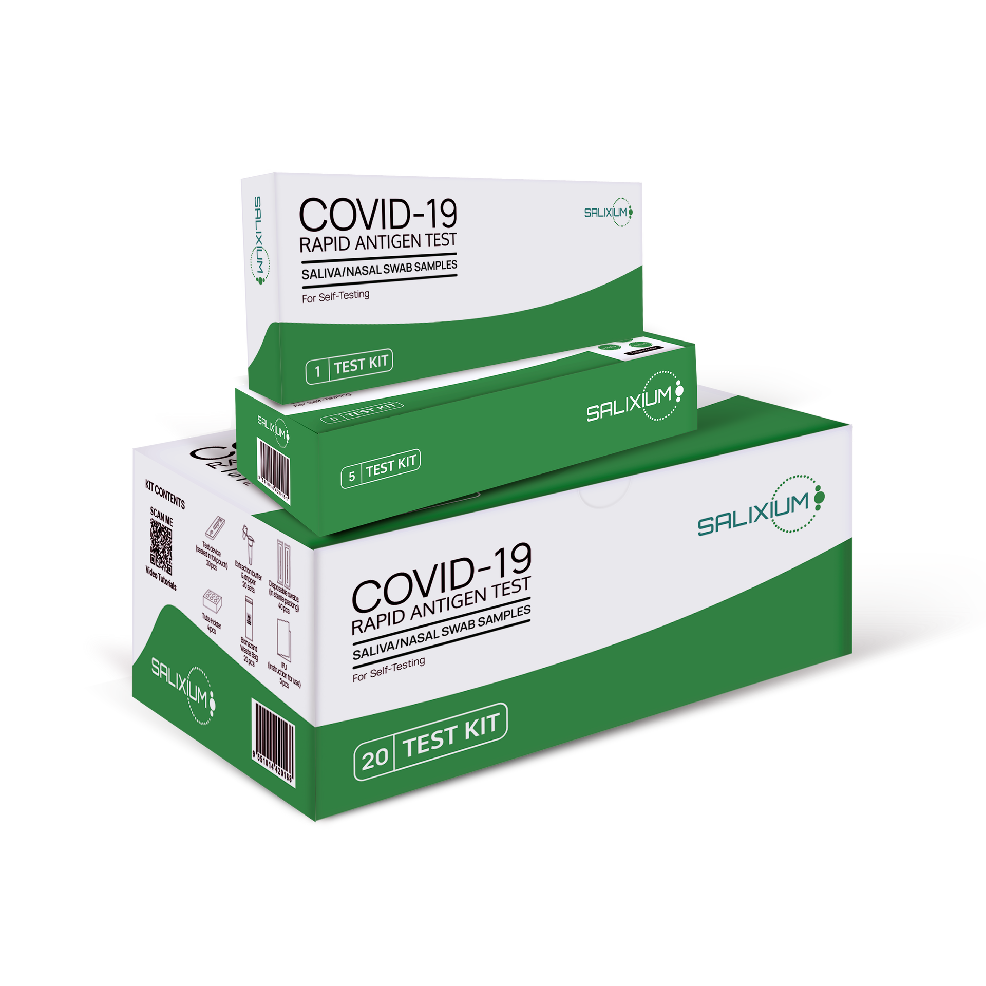 Three boxes of covid-19 test kits are stacked on top of each other.